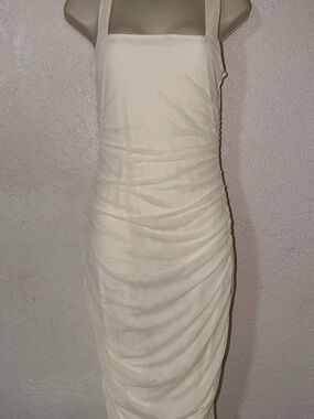 Cream Ruched Square-Neck Midi Dress